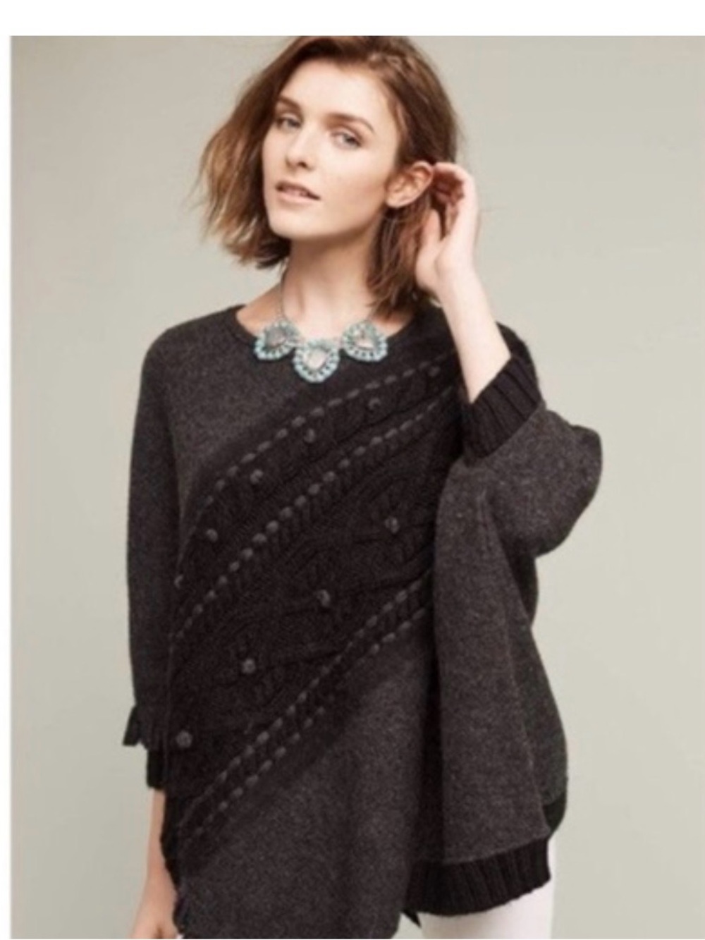 NWT Anthropologie Sleeping on Snow Cozy Cable-Knit Charcoal Poncho Sweater M/L